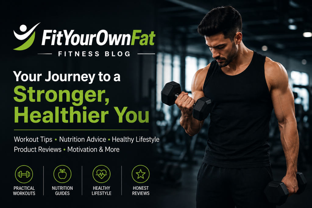 FitYourOwnFat Fitness Blog hero banner with man lifting dumbbells in a modern gym