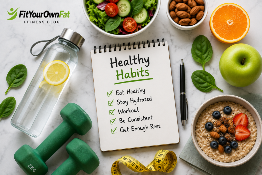 Healthy nutrition and fitness essentials on FitYourOwnFat Fitness Blog including healthy foods, water bottle and dumbbells