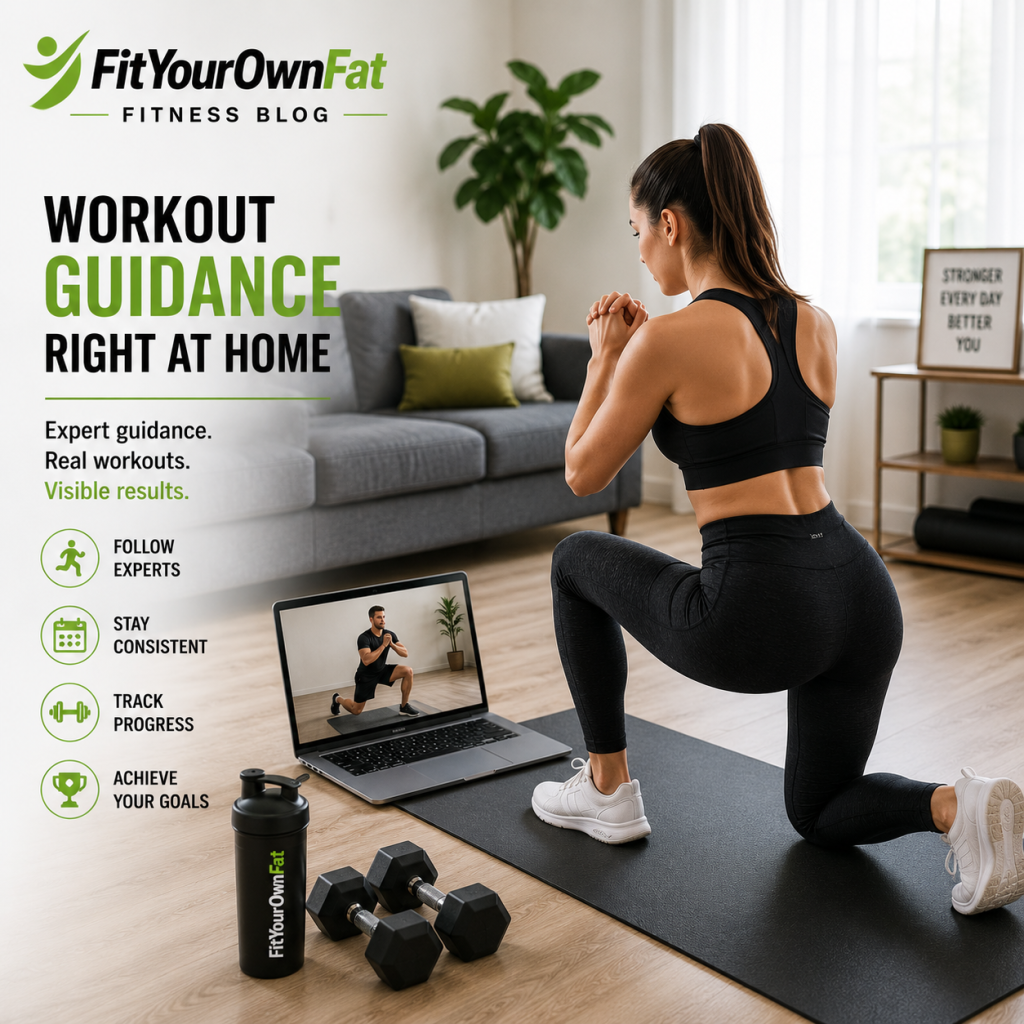 Home workout guide on FitYourOwnFat Fitness Blog showing a man exercising indoors with laptop guidance