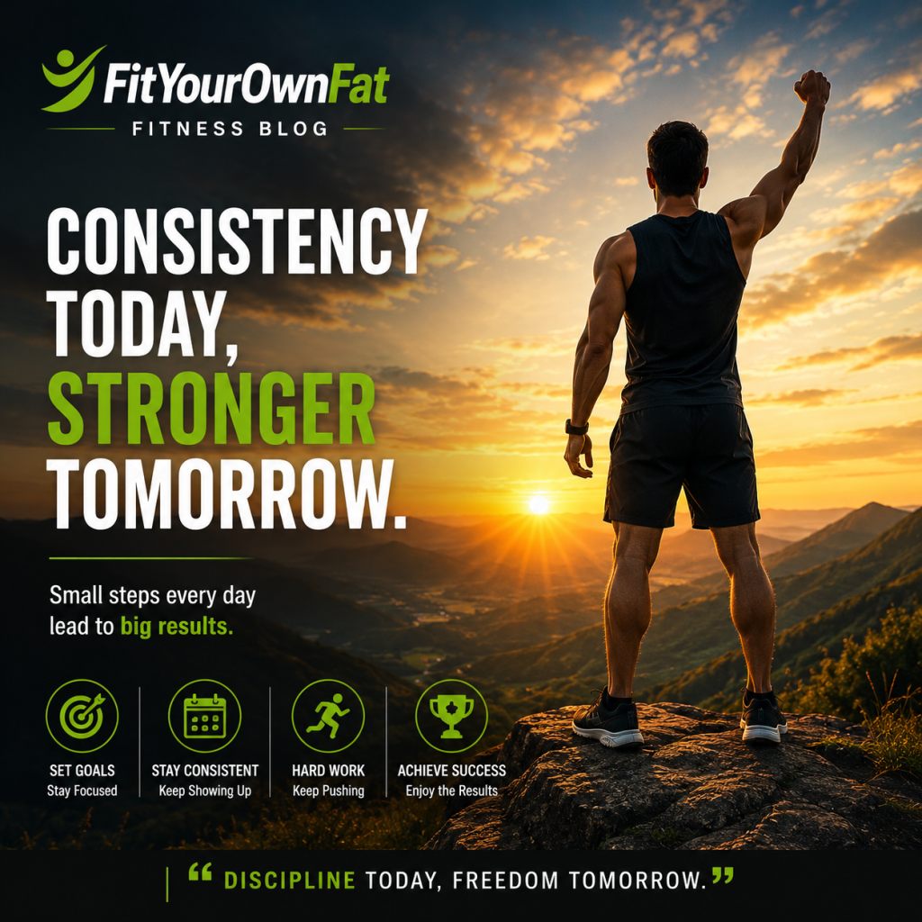 Fitness motivation banner on Fit Your Own Fat Fitness Blog showing athlete at sunrise promoting consistency and healthy lifestyle